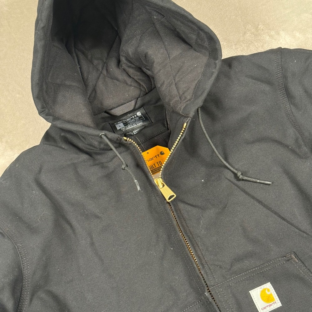 Carhartt Active Jac Mens Large Black Firm Duck Flannel Lined Hooded J140 BLK